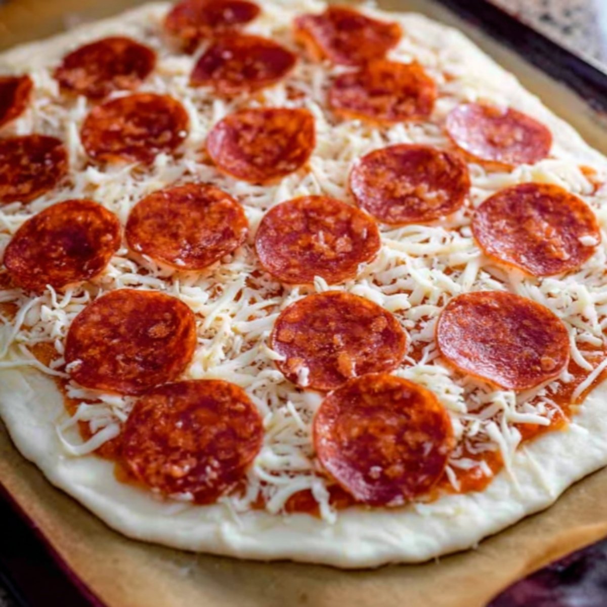 A homemade pizza topped with mozzarella cheese and slices of pepperoni, laid out on a dough base, ready for baking.