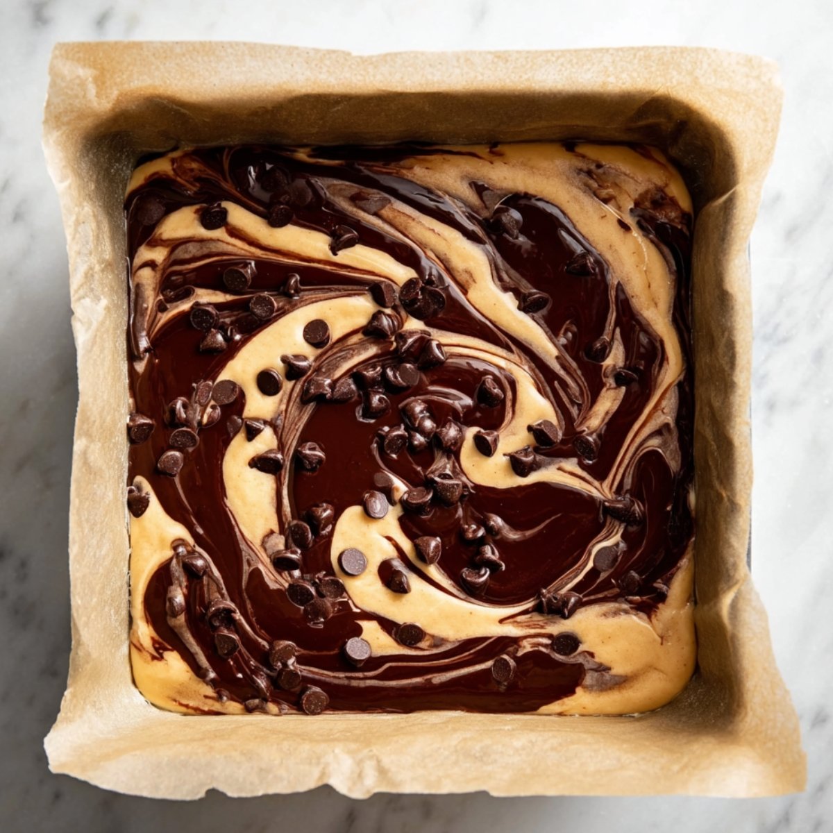 Swirled chocolate and vanilla brownie batter with chocolate chips in a parchment-lined baking pan before baking.