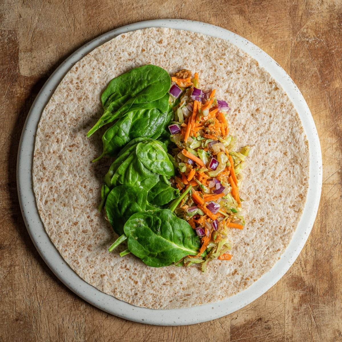 A healthy veggie wrap with shredded tofu, cucumber, carrots, red onions, and spinach wrapped in a whole wheat tortilla, served with chips on the side.