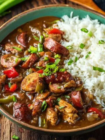 A bowl of Authentic Chicken and Sausage Gumbo served with fluffy white rice, garnished with green onions, placed on a rustic wooden surface.