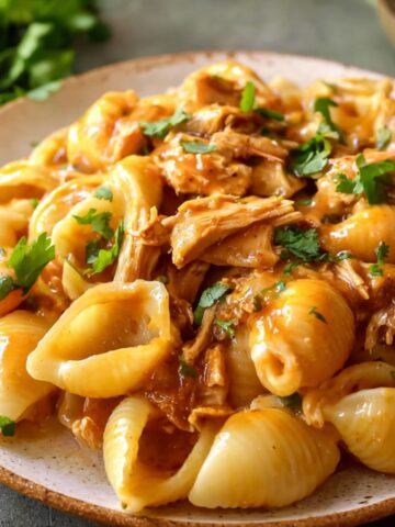 A plate of creamy BBQ Chicken Mac and Cheese, with shell-shaped pasta covered in golden cheese sauce, topped with shredded BBQ chicken and fresh cilantro.