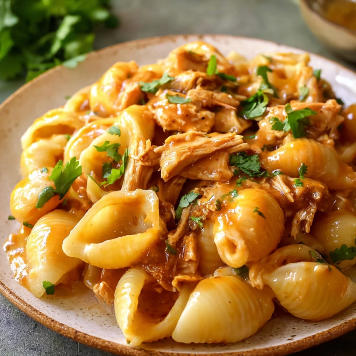 A plate of creamy BBQ Chicken Mac and Cheese, with shell-shaped pasta covered in golden cheese sauce, topped with shredded BBQ chicken and fresh cilantro.