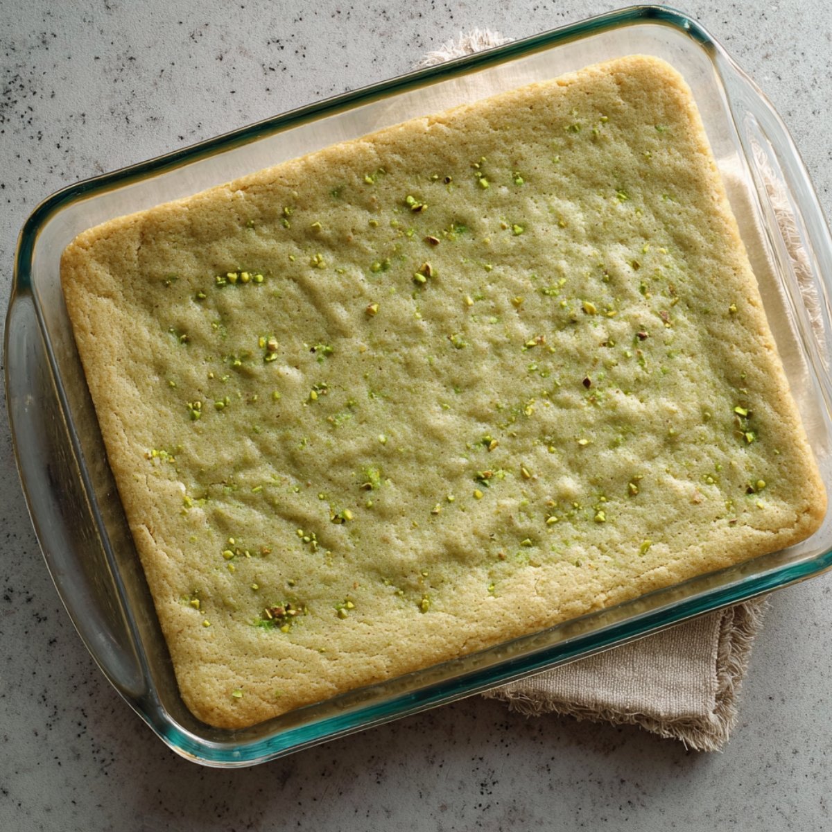 Pistachio cookie bars after baking, with a golden edge and soft texture inside.