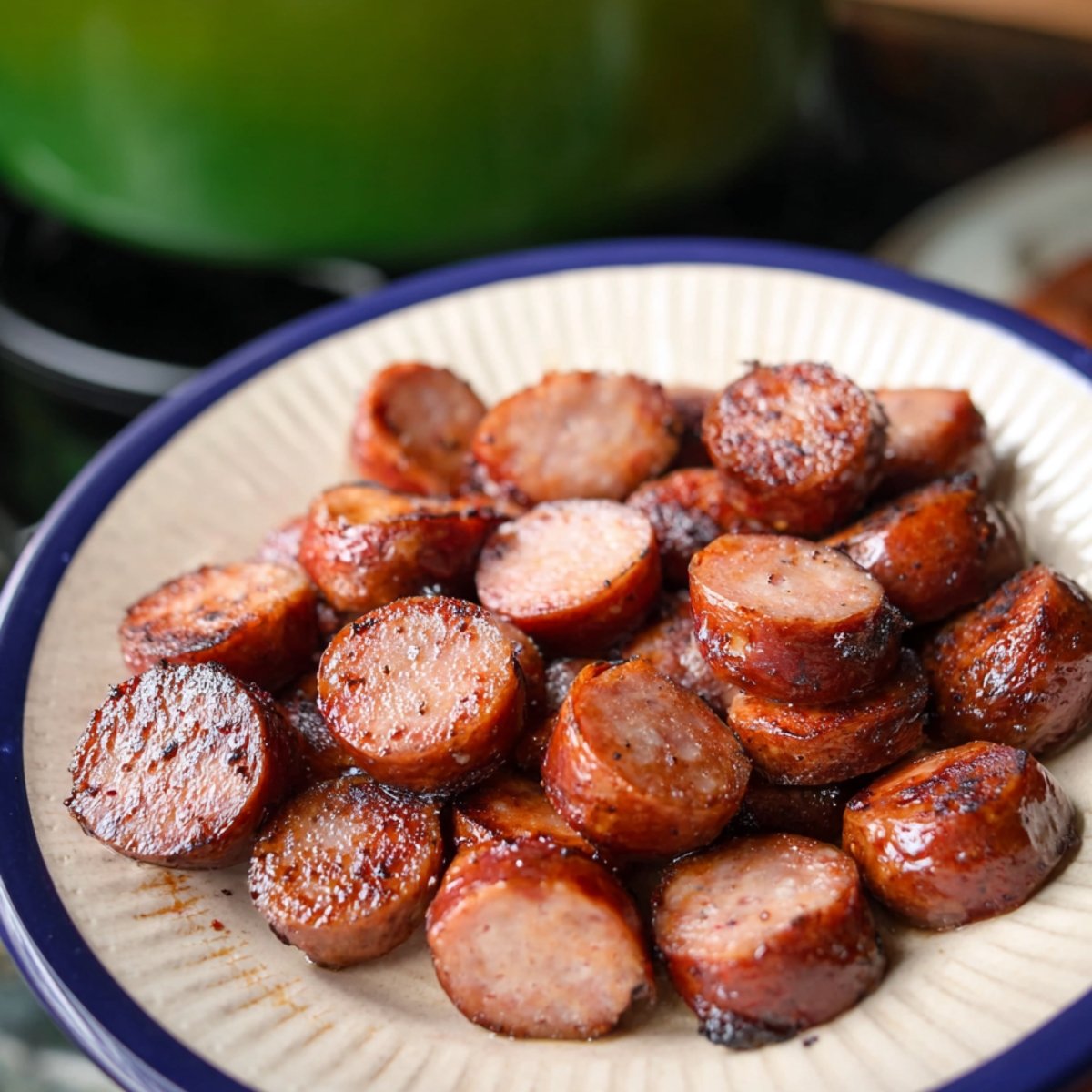 Image of sausage slices being browned in a pan, ready to be added to a soup.
