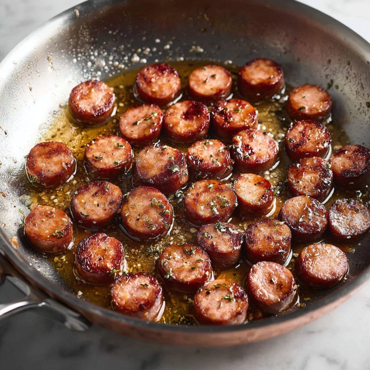 Golden-brown slices of chicken sausage sizzling in a skillet, flavored with herbs and ready to be combined with other ingredients.