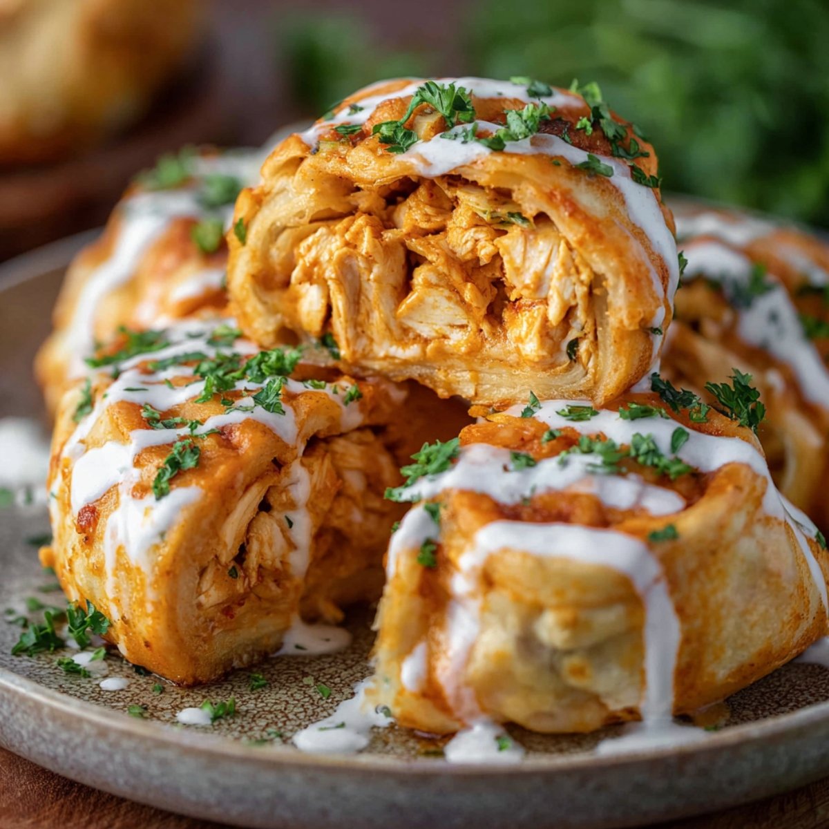 Buffalo Chicken Roll Ups drizzled with ranch and garnished with parsley.