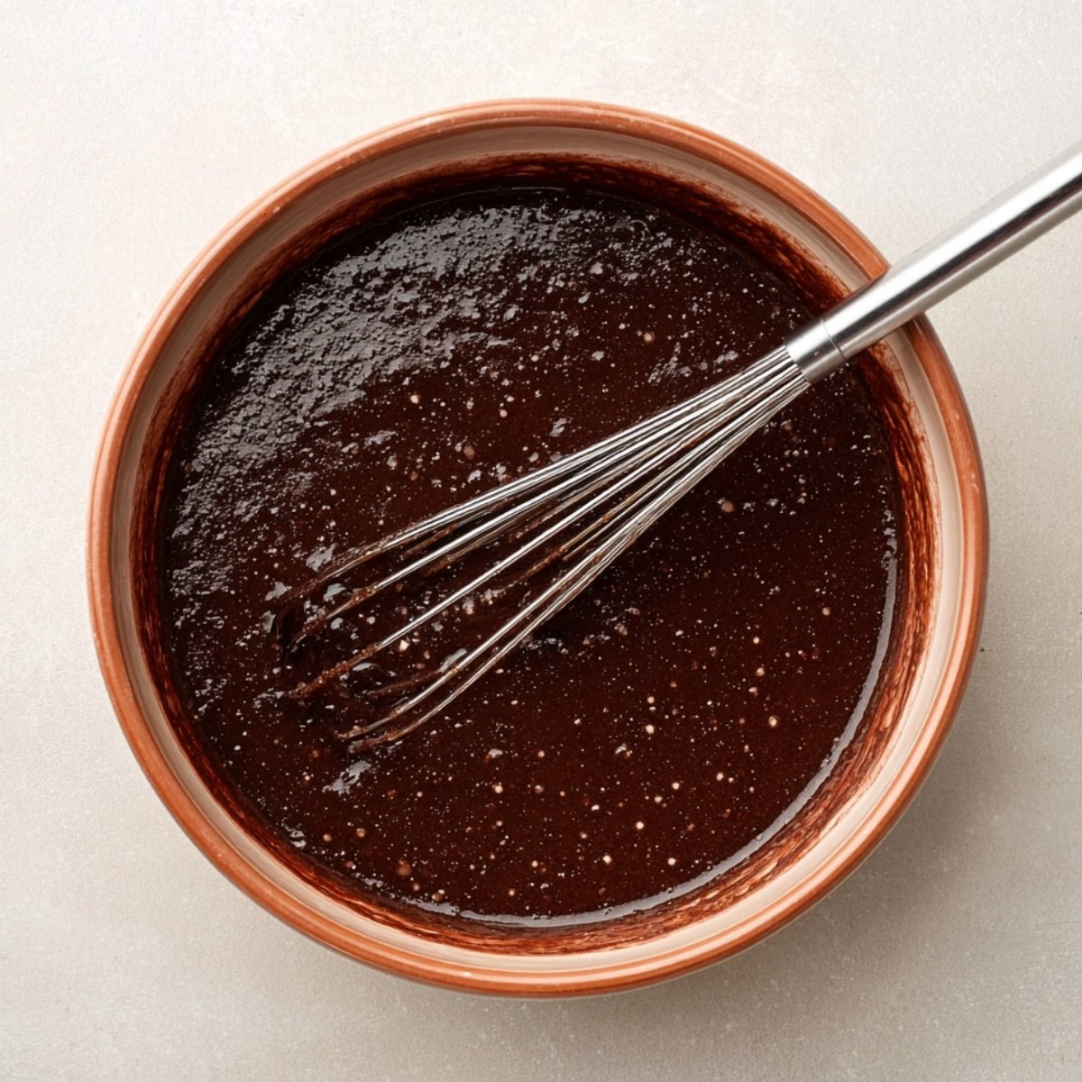 A bowl filled with rich, glossy chocolate cake batter, stirred with a whisk, showcasing its smooth consistency and tiny bubbles on the surface.
