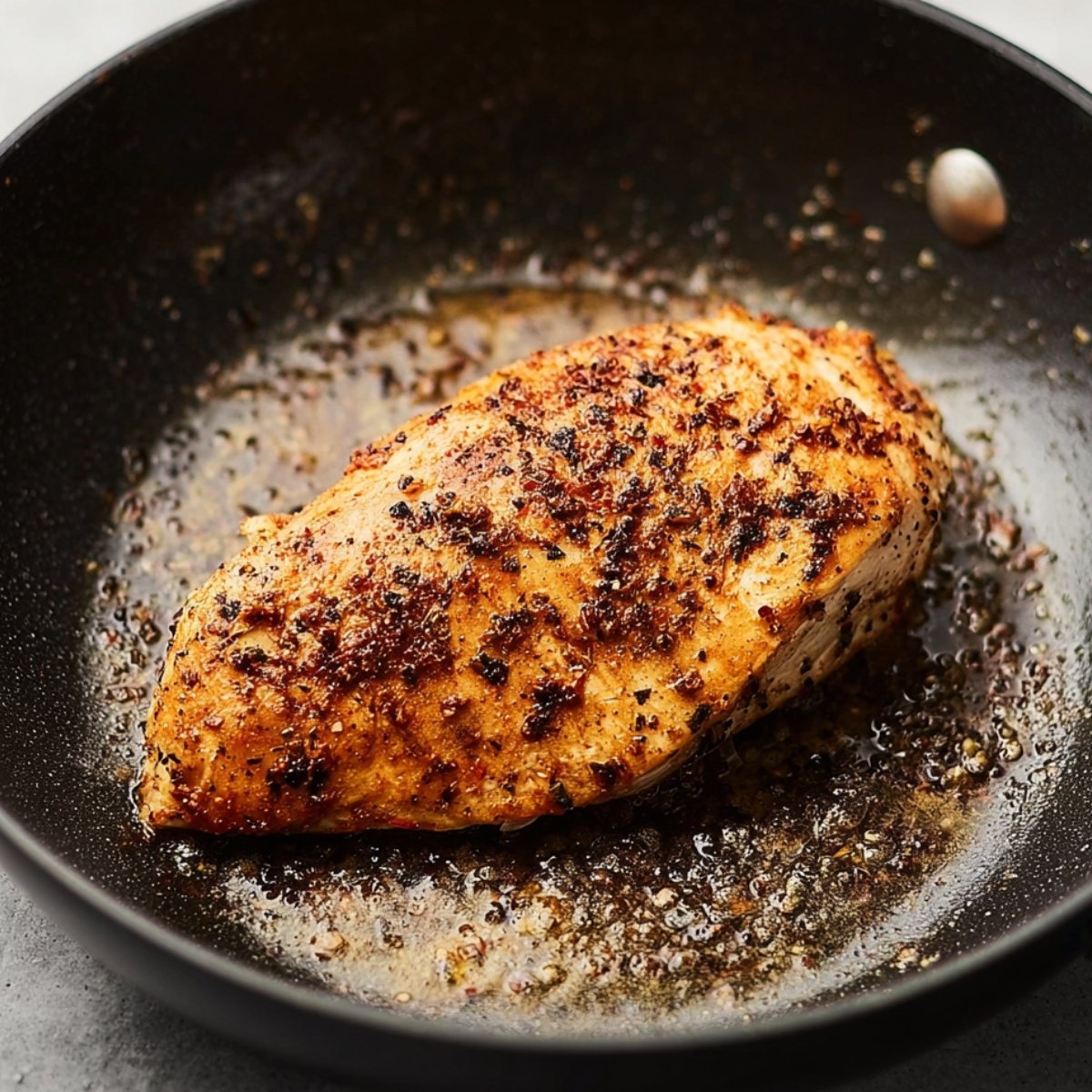 A seasoned chicken breast cooking in a skillet with spices and oil, creating a crispy, golden-brown exterior.