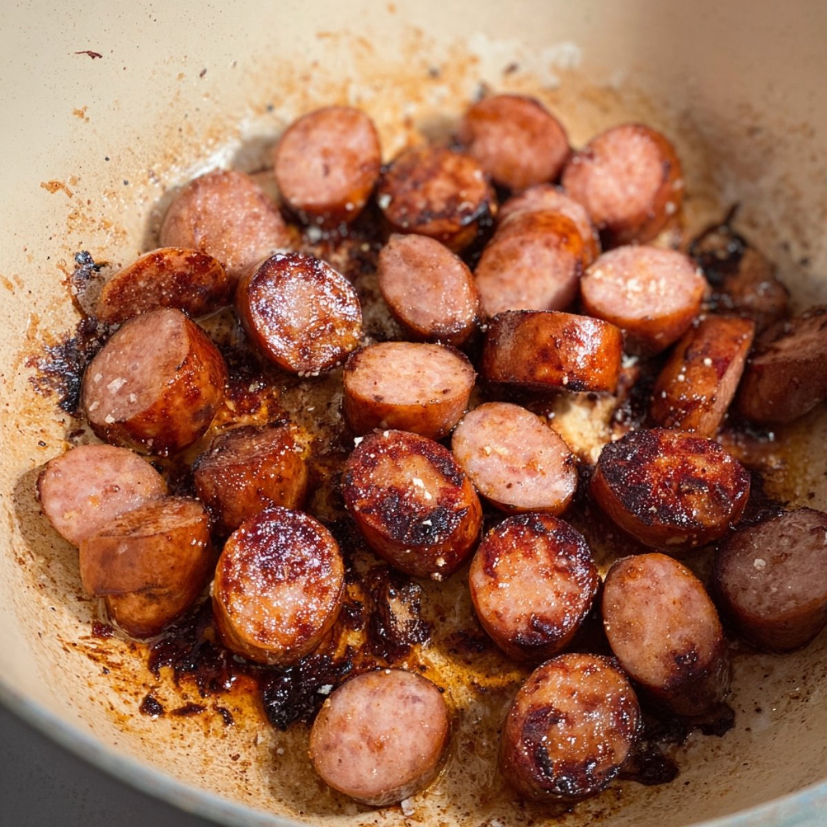 Sliced sausages being browned in a pot with some caramelized residue, showing crispy, golden edges and some sizzling oil at the bottom of the pan.