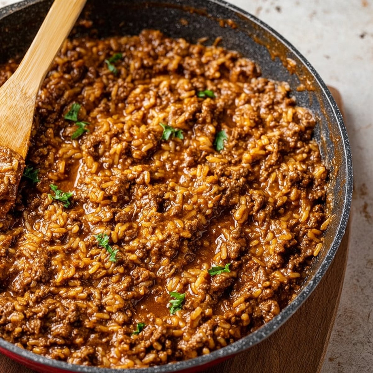 Sautéed ground beef with rice in a skillet.