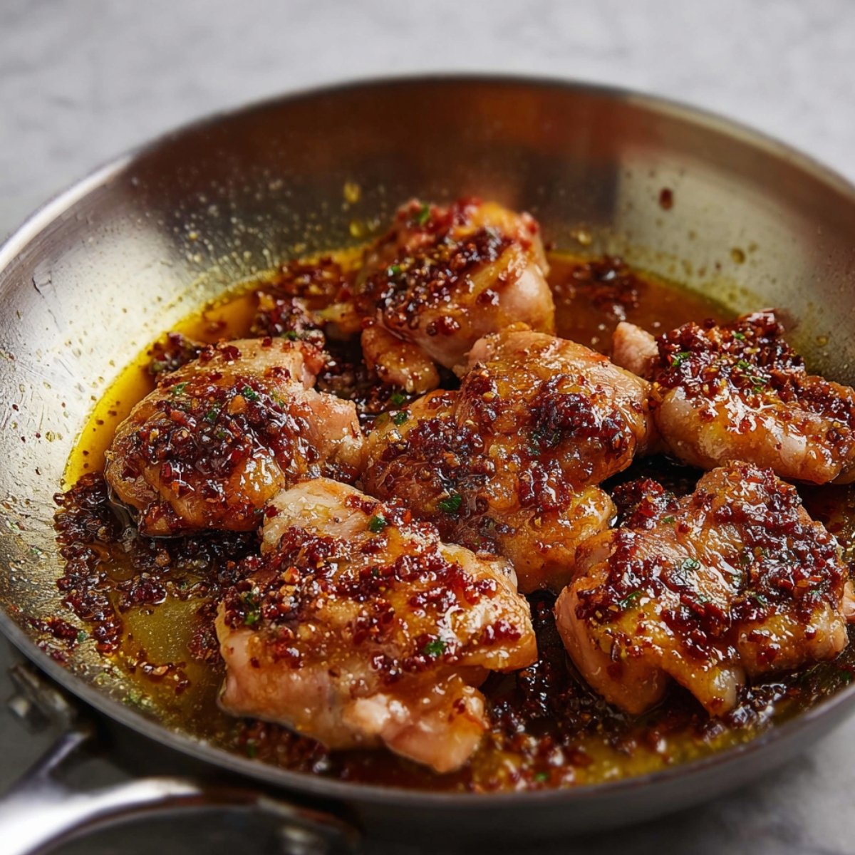 Chicken thighs searing in a pan with chipotle honey marinade, sizzling in the sauce with a rich, golden-brown glaze.