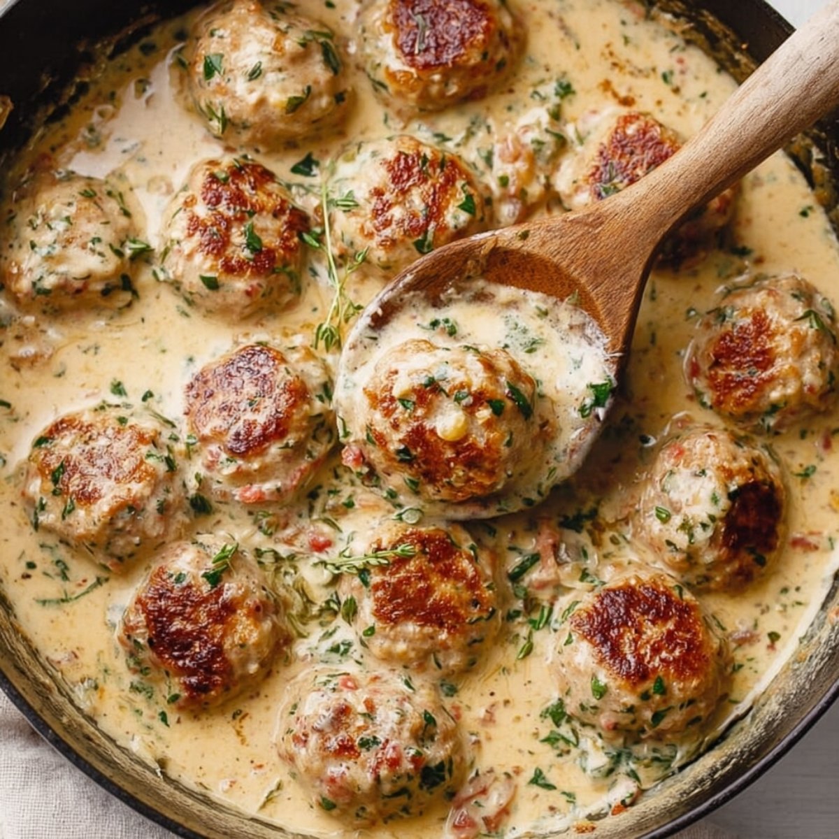 A close-up of Creamy Marry Me Chicken Meatballs in a skillet, simmering in a rich sauce, with a wooden spoon lifting one meatball, surrounded by a smooth, savory sauce.