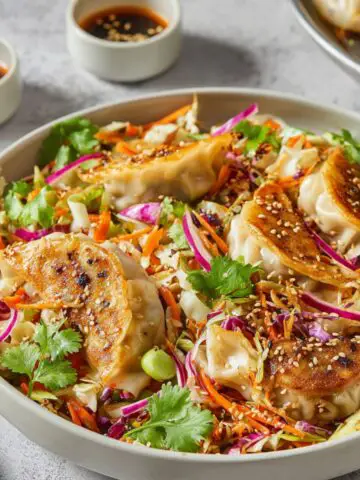 A plate of vibrant Dumpling Salad with crispy golden-brown dumplings placed on top of a colorful mix of cabbage, carrots, and fresh cilantro, garnished with sesame seeds and served with dipping sauce.