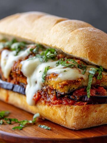 A delicious Eggplant Mozzarella Sandwiches served with marinara sauce and garnished with fresh basil.