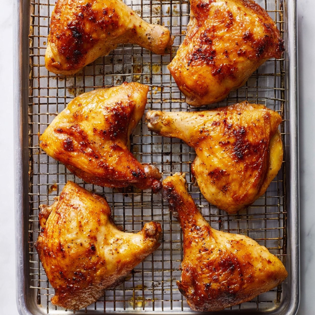 Golden-brown baked chicken leg quarters on a wire rack, cooked to perfection with a crispy and flavorful skin.