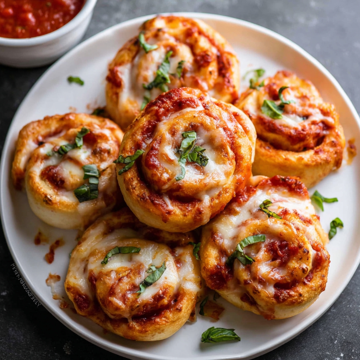 A plate of golden, baked Homemade Pepperoni Pizza Rolls, with melted cheese, marinara sauce, and fresh basil, perfect for serving as a snack or appetizer.