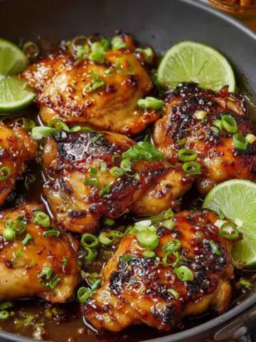 Close-up of Honey Chipotle Chicken cooking in a pan with a rich chipotle honey marinade, showing a caramelized, glossy coating with herbs and spices.