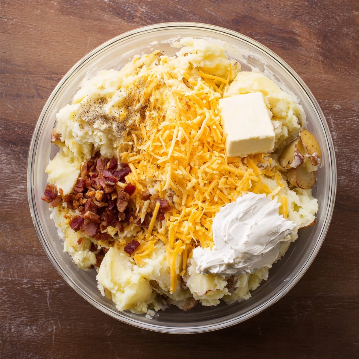 A bowl filled with mashed potatoes, shredded cheese, butter, sour cream, bacon bits, and seasonings, all mixed together for twice-baked potato casserole.