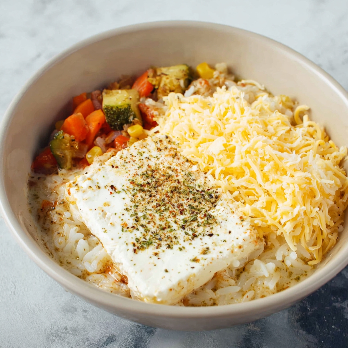A close-up of a bowl filled with rice, mixed vegetables, shredded cheese, and a block of ricotta cheese, lightly seasoned with herbs.