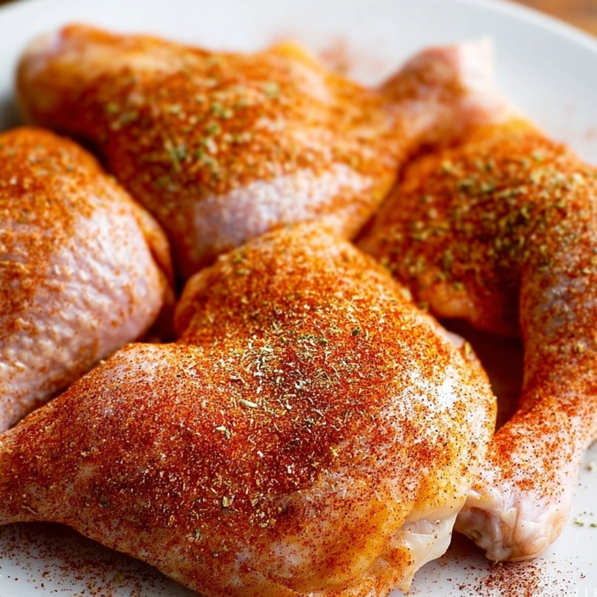 Raw chicken leg quarters seasoned with paprika and herbs, ready to be baked.