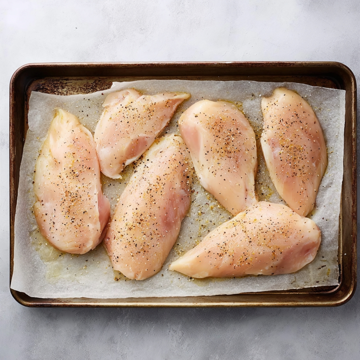 Raw chicken breasts seasoned with salt and pepper on a parchment-lined baking tray, ready for cooking.