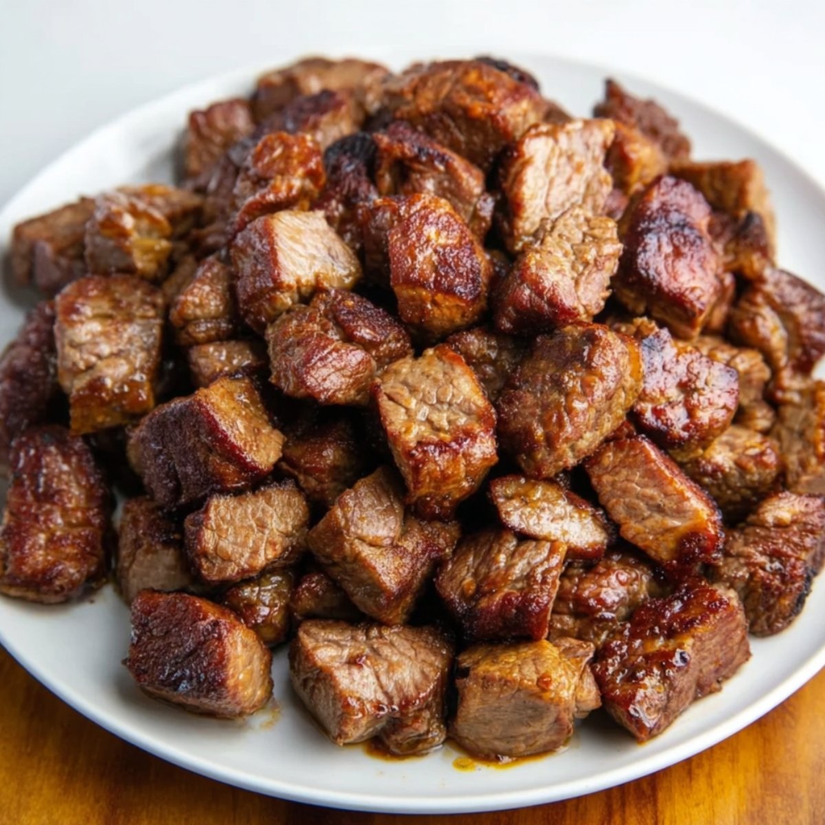 A plate of tender cubed beef, perfectly seared and cooked.