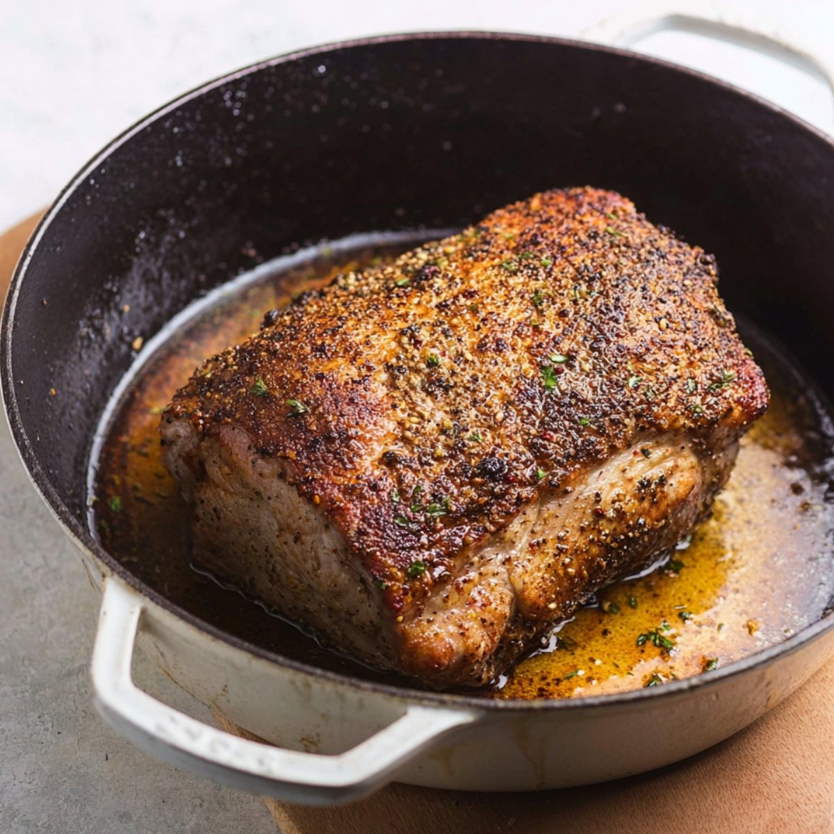 A seasoned pork roast searing in a Dutch oven on a stovetop, creating a rich brown crust.