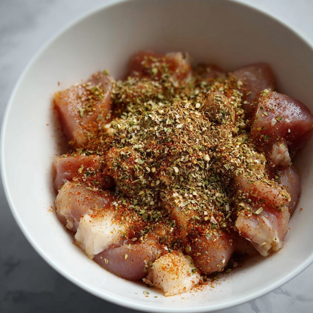 Raw chicken pieces in a bowl, topped with a generous amount of spices including paprika and dried herbs, ready to be mixed and cooked.
