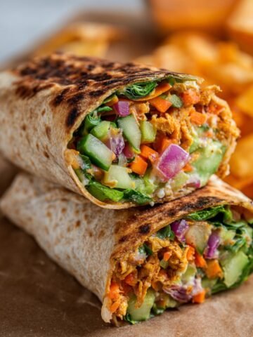 A close-up of a freshly assembled Shredded Tofu Wrap filled with shredded tofu, vegetables, and a creamy sauce, wrapped in a whole wheat tortilla.