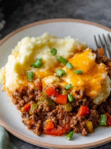 A delicious serving of Sloppy Joe Casserole with seasoned ground beef, topped with melted cheese and served alongside creamy mashed potatoes, garnished with fresh green onions.