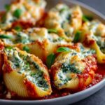 Baked Spinach Ricotta Stuffed Shells topped with melted mozzarella and fresh basil, served in a plate.