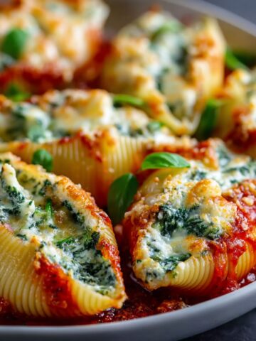 Baked Spinach Ricotta Stuffed Shells topped with melted mozzarella and fresh basil, served in a plate.